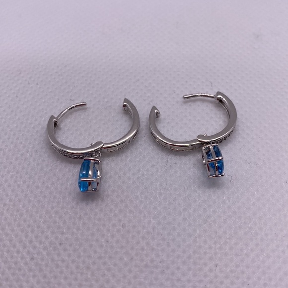 Sterling Silver Genuine Blue Topaz & CR White Sapphire hoop earrings - Picture 2 of 4